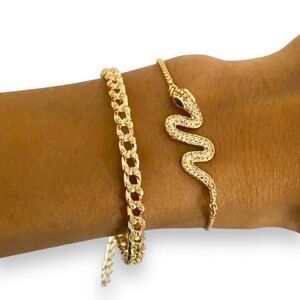 Gold Green Eye Snake Charm Pave Chain Bangle Bracelets Set - NEW